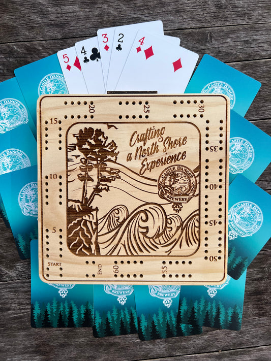 Castle Danger Cribbage Board with Playing Cards